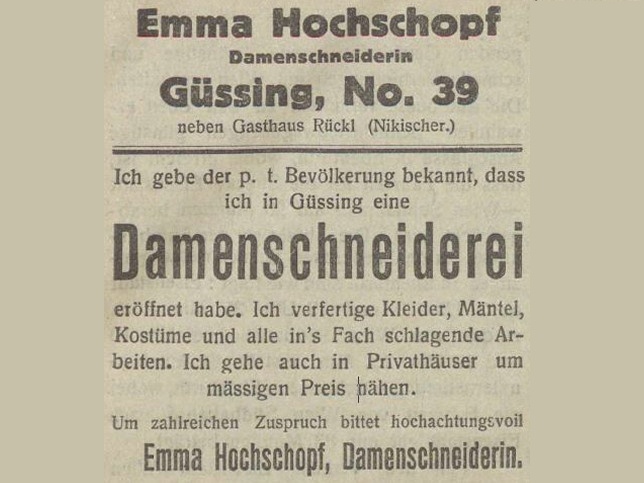Güssing, Damenschneiderin Emma Hochshopf, 03.04.1932
