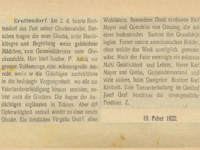 Krottendorf, Glockenweihe am 2.2.1922