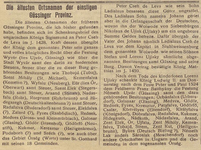 Die ältesten Ortsnamen der früheren Güssinger Provinz