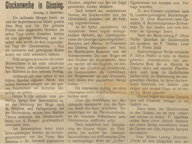 Glockenweihe in Güssing, 6.9.1925
